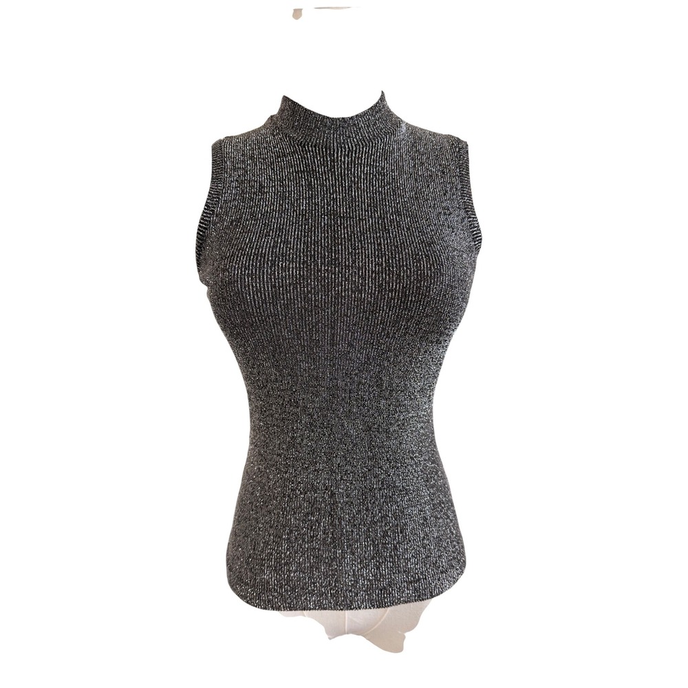 Vintage Koret of California Metallic Silver Mock Neck Sleeveless Knit Top